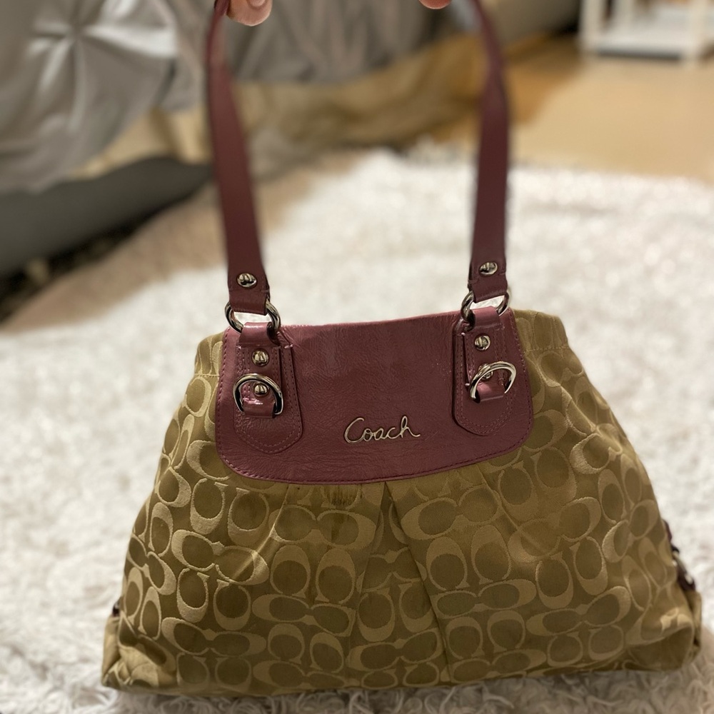 Coach Signature Canvas Shoulder Bag in Khaki with Berry Trim